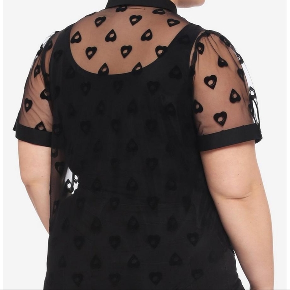 HOT TOPIC BLACK FLOCKED OUIJA PLANCHETTE SHEER GIRLS BUTTON UP PLUS SIZE - Picture 2 of 6